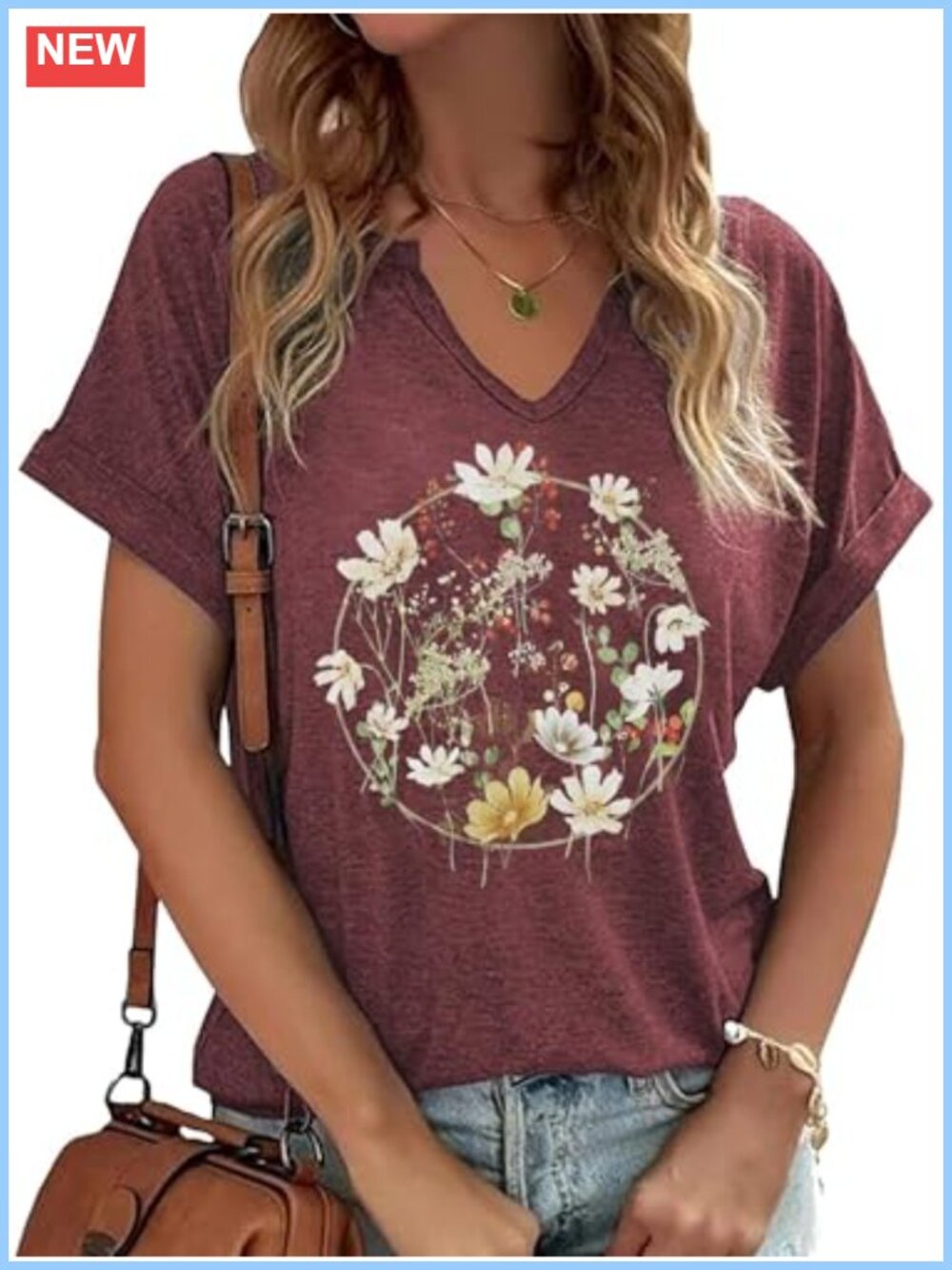 Womens Boho Floral V Neck Tee Wildflowers Casual Vintage Top